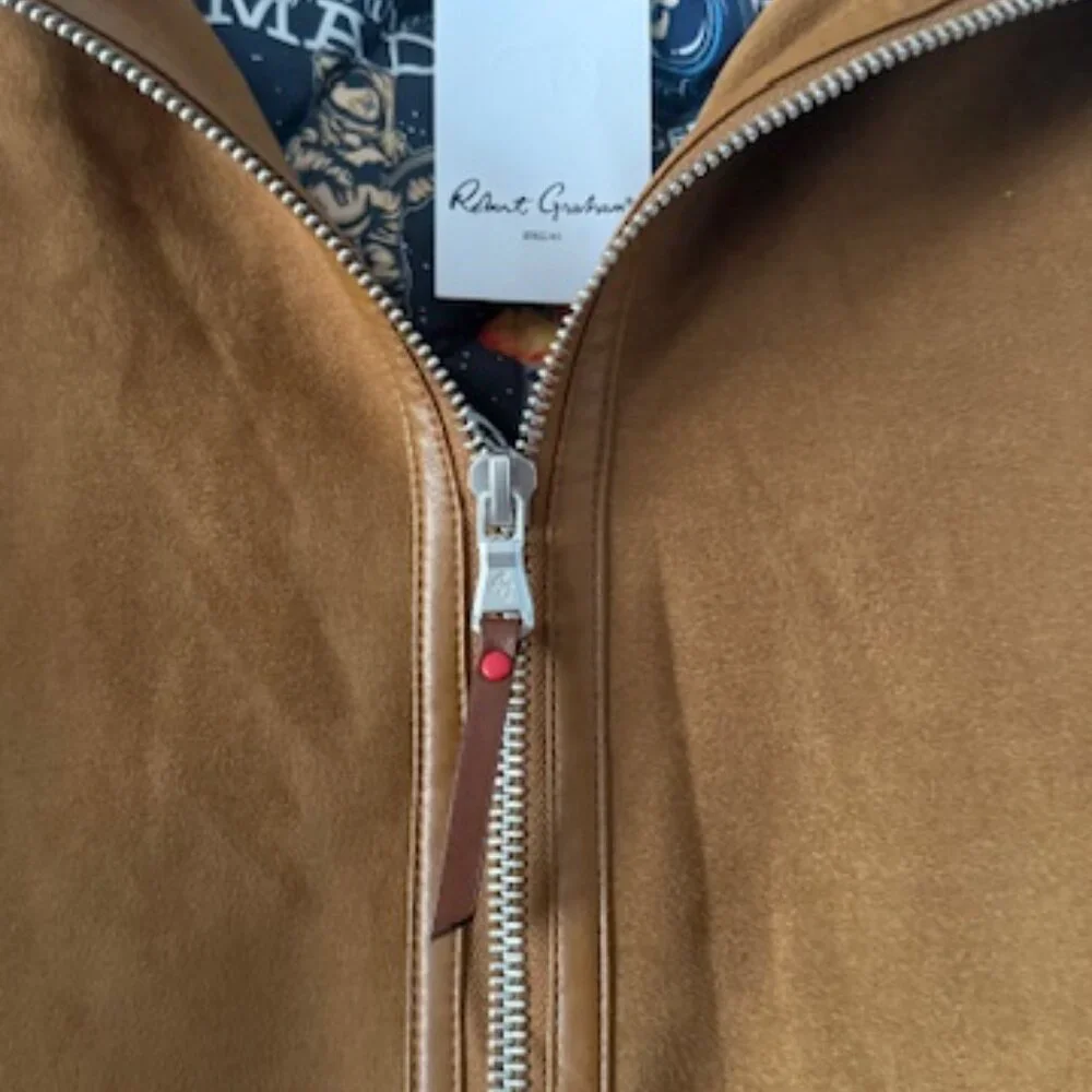 Robert Graham Vegan Suede Full Zip Bomber Jacket Mens Medium Tan Brown Art NEW - Picture 3 of 9